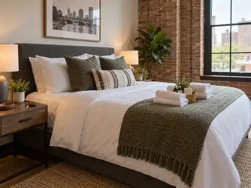 Airbnb bedroom reset with fresh linens between guests in Detroit
