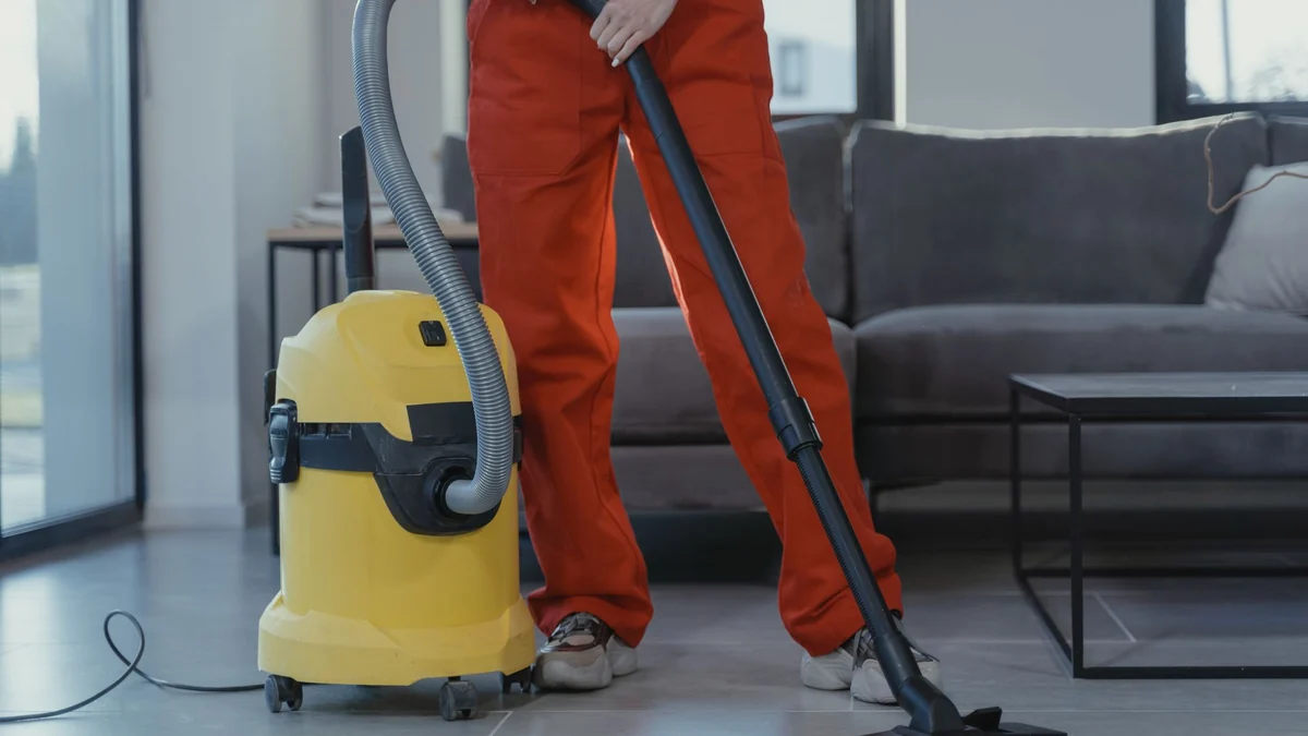 Example photo: a cleaner vacuuming a living room rug during a house cleaning