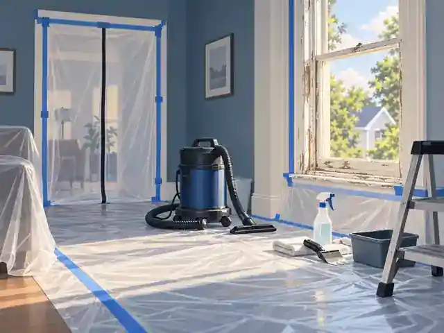 Illustration of a lead-safe work setup at an older window, with plastic sheeting and a HEPA vacuum